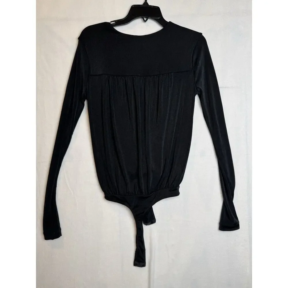 Free People‎ Intimately Turnt Bodysuit Womens S Black Surplice Long Sleeve Thong